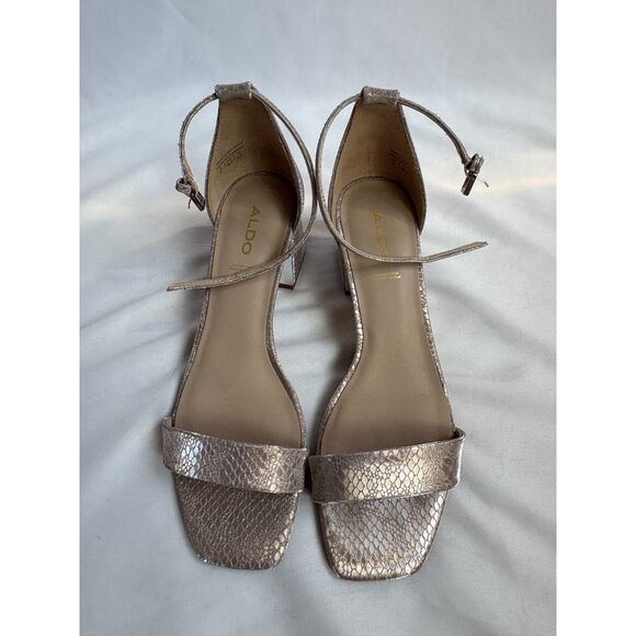 ALDO NEW Bronze Snakeskin Block Heel Sandals Size 8 Shoes Kitten Heels Strappy - Picture 3 of 8